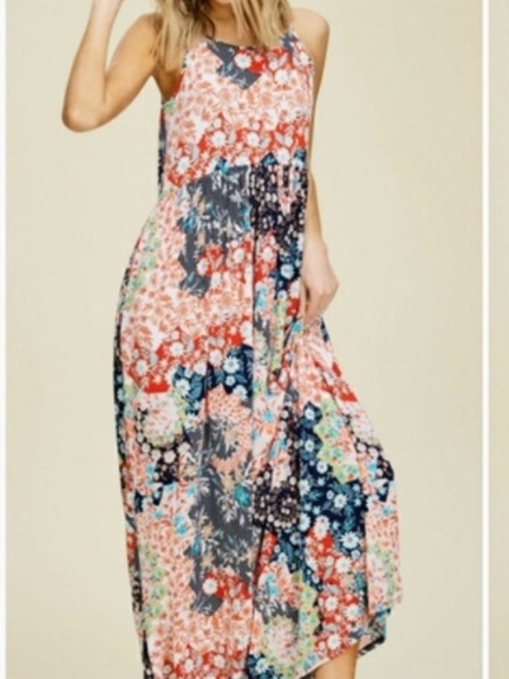 Annabelle Coral & Navy Patchwork Floral Maxi Dress